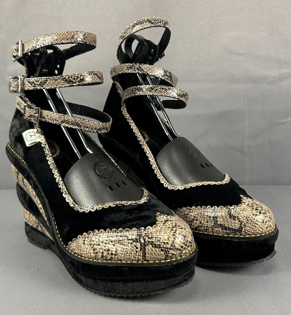 Miss L Fire Retro Velvet Snakeskin Platform Wedge Strap Heels 40 / 9.5